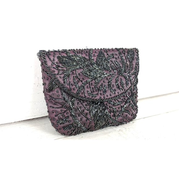 Vintage grey floral beaded small clutch evening handbag purse - Picture 3 of 5